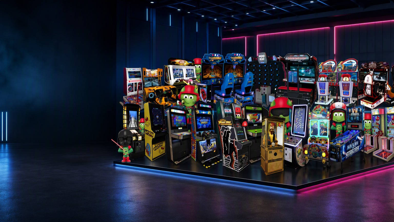 Rows of arcade and amusement machines glowing in a neon-lit showroom